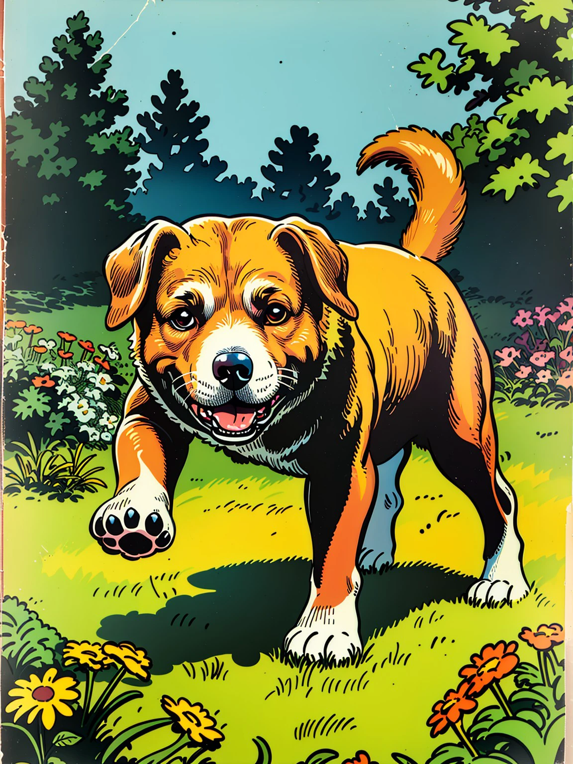 master piece, high quality, a dog,play in the garden, J_comic_book, <lora:J_comic_book:0.8>