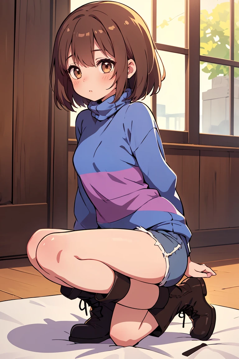 ((masterpiece,highest quality, High resolution)), 1 girl, Kindergarteners,little girl,bottomless,Crouch down,looking at me,shy,smile,short hairstyle,Maroon hair color,brown eyes,No underwear,Pussy,open the thighs