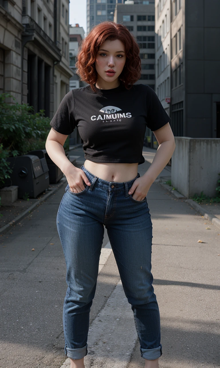 lalyumos, a woman, redhead, outdoors, city, road, street, modern clothes, T-shirt, denim pants, short hair, ((curly hair)), (hands on hip), parted lips,