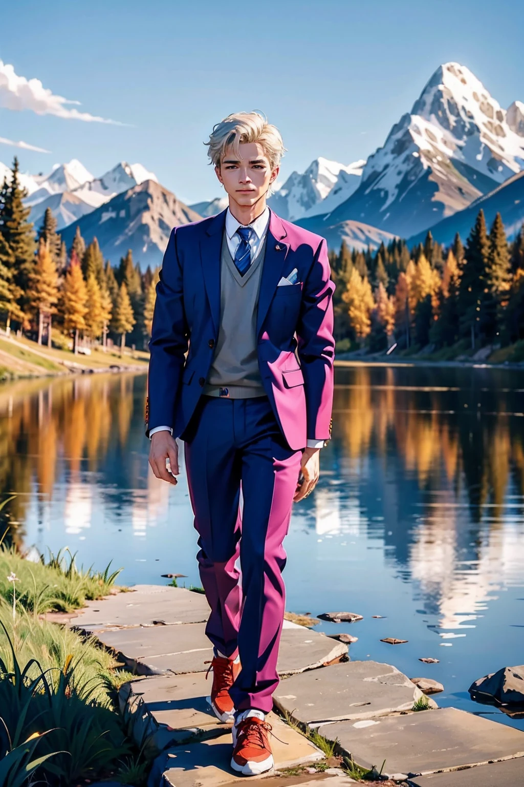 a man wearing Blazer and tailored joggers , mountain lake <lora:fic-Kraig2:1>