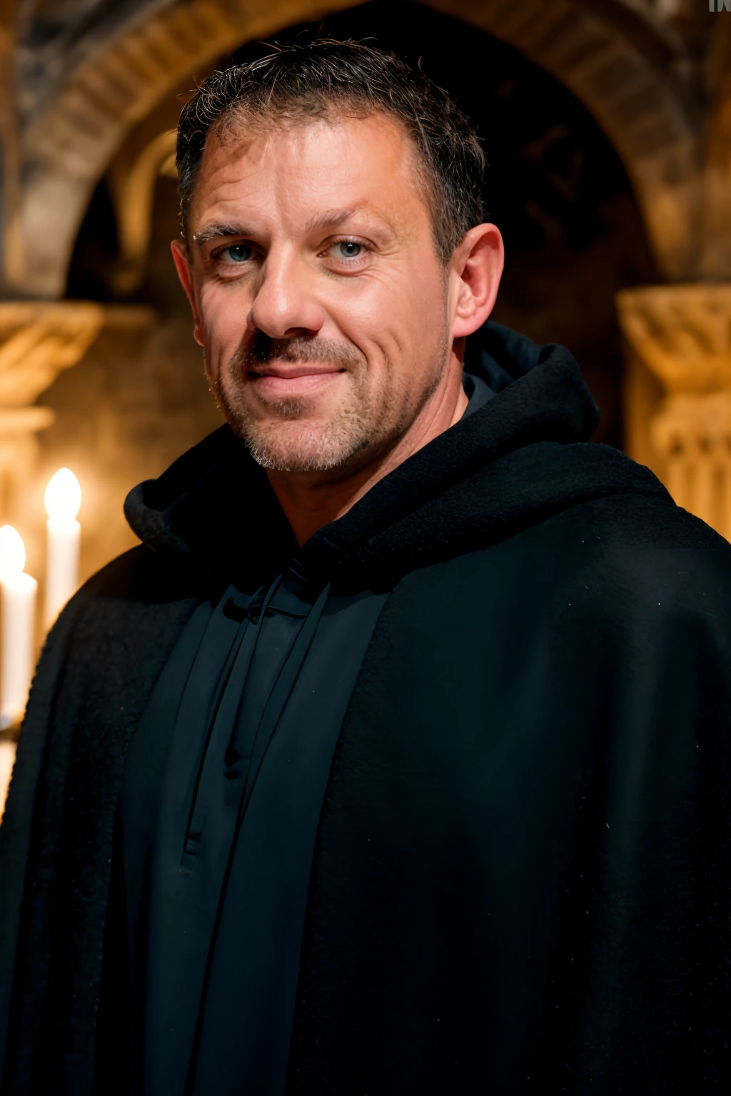 AndrewJenkins wearing a black cloak, close up, in a medieval dungeon <lora:AndrewJenkinsLora:1>