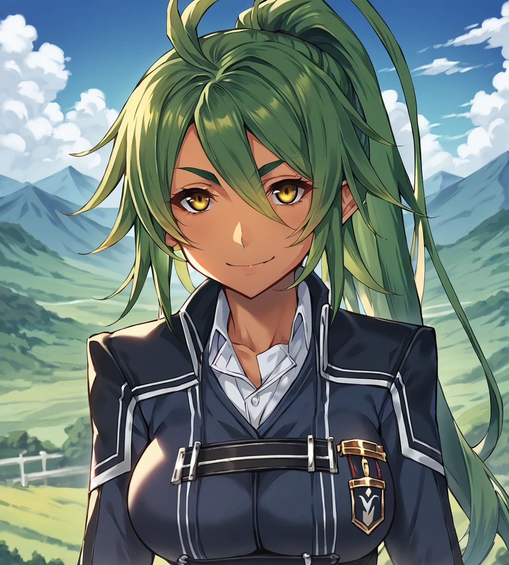 score_9, score_8_up, score_7_up, score_6_up, score_5_up, score_4_up, source_anime, rating_safe
BREAK,
<lora:TrailsOfColdSteel-ThorsNPCs-3-000015:0.8>, Leonora, green hair, dark skin, yellow eyes, long hair, ponytail, medium breasts, blue school uniform, thigh boots, brown boots,
BREAK,
looking at viewer, smile,
upper body, portrait, front view,
BREAK,
1girl, outdoors, sky, clouds, distant mountains,
BREAK,
<lora:Piromizu:1>,, <lora:Smooth Anime Style LoRA XL:0.7>