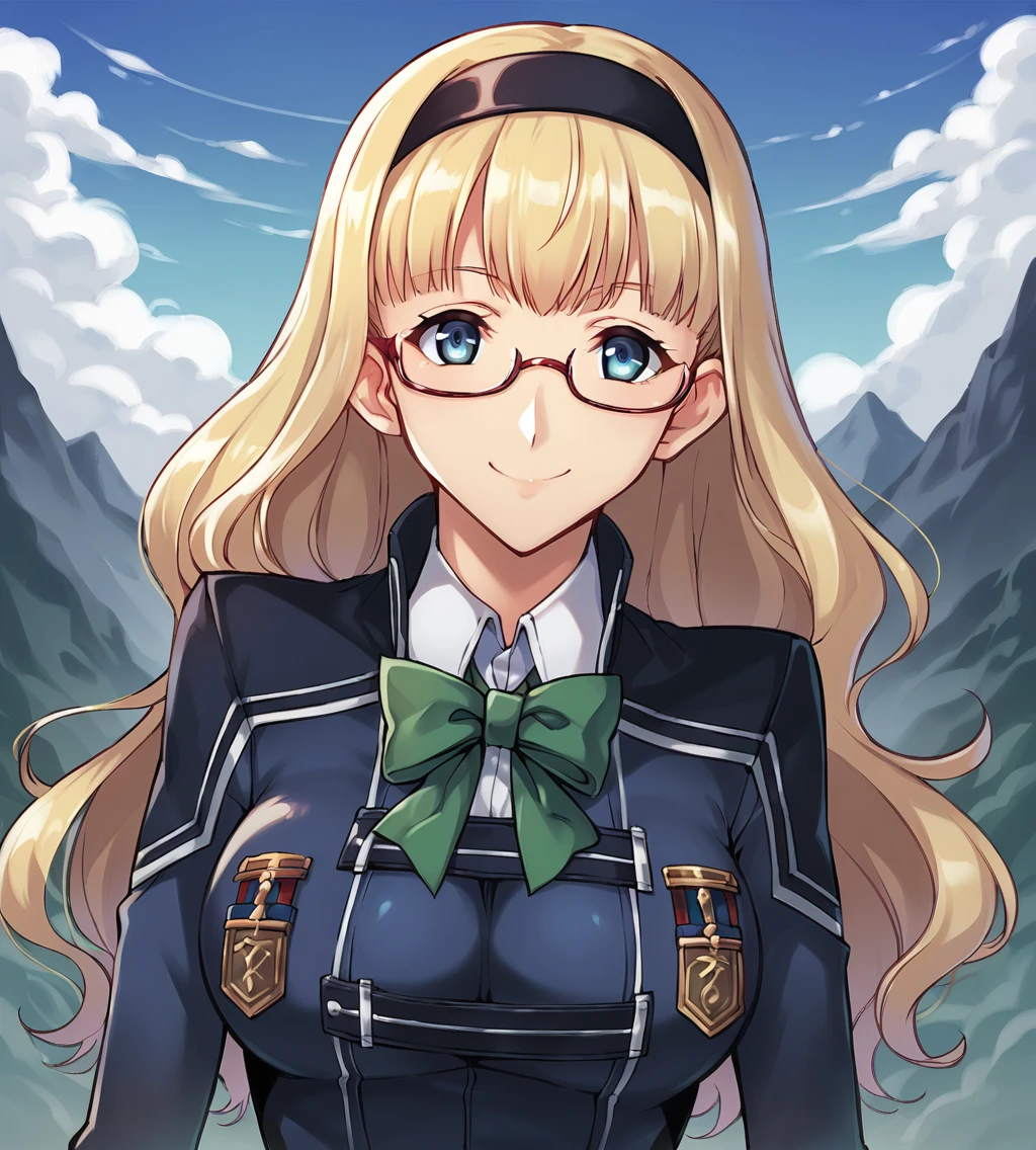 score_9, score_8_up, score_7_up, score_6_up, score_5_up, score_4_up, source_anime, rating_safe
BREAK,
<lora:TrailsOfColdSteel-ThorsNPCs-3-000015:0.7>, Louise, blonde hair, long hair, blue eyes, medium breasts, glasses, red-framed glasses, black headband, blue military uniform, long sleeves, green bowtie, pleated skirt, black pantyhose, brown boots,
BREAK,
looking at viewer, smile,
upper body, portrait, front view,
BREAK,
1girl, outdoors, sky, clouds, distant mountains,
BREAK,
<lora:HaganeF:1>,, <lora:Smooth Anime Style LoRA XL:0.7>