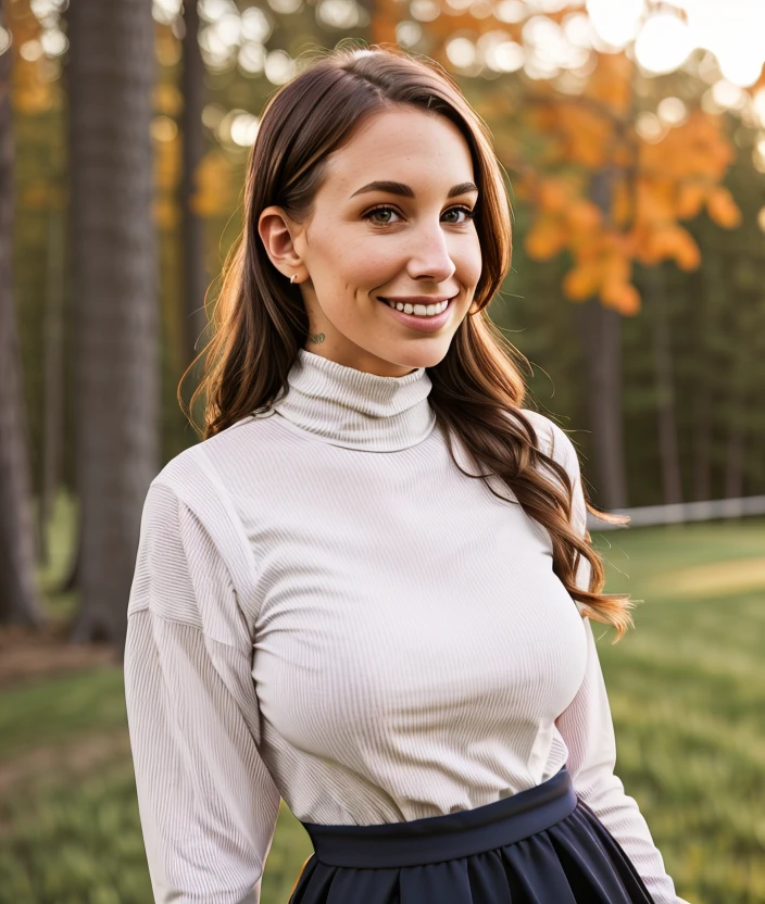 <s9p1br3>, upper body, nature, smile, dress, Turtleneck, Shirt,