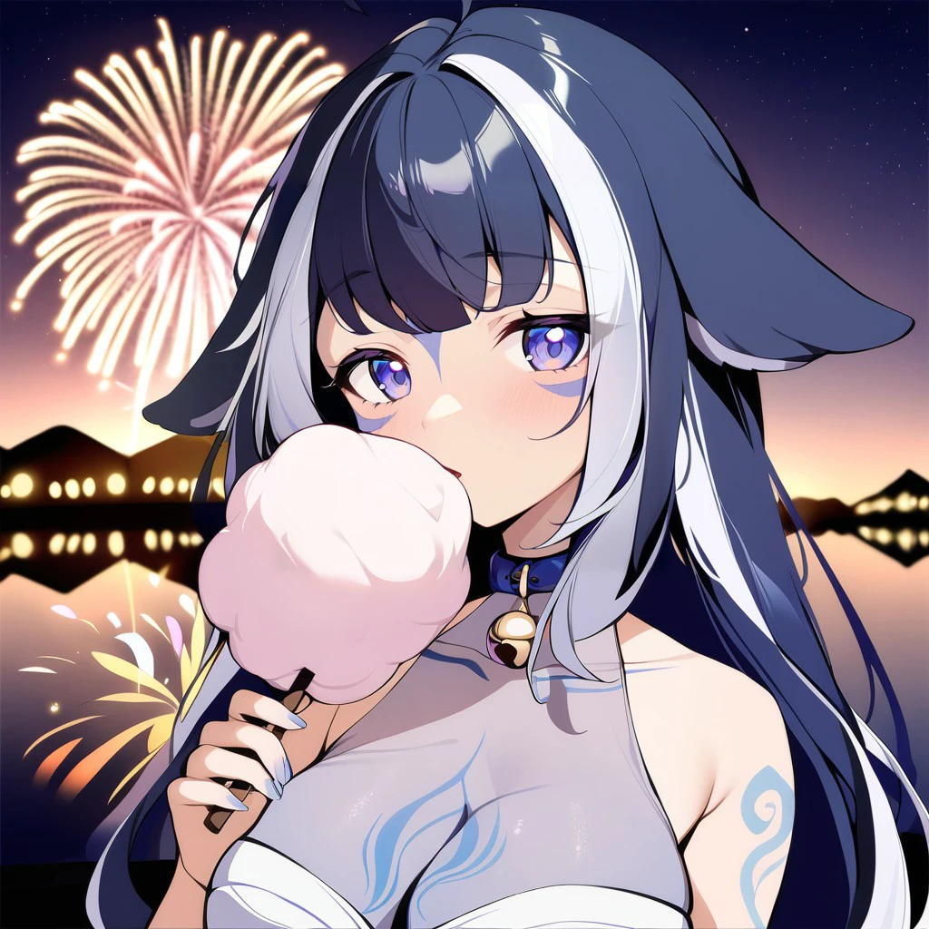 1girl, solo, ShylilyFirst, Shylily orca hat, animal hat, detailed face, detailed eyes, cotton candy in hand, fireworks shoot in distance, at night, aesthetic style, masterpiece, best quality <lora:Shylily-000007:1.0>