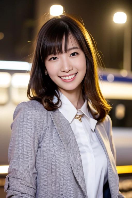 1girl,(RAW photo, best quality), (realistic, photo-realistic:1.4), masterpiece, an extremely delicate and beautiful, extremely detailed, 2k wallpaper, Amazing, finely detail, extremely detailed CG unity 8k wallpaper, ultra-detailed, highres, soft light, beautiful detailed girl, extremely detailed eyes and face, beautiful detailed nose, beautiful detailed eyes,cinematic lighting,perfect anatomy,slender body,smiling 
city lights at night,at a train station in tokyo,(bokeh)
wearing business suit,scarf around neck
 <lora:koshimizuami_lora:0.8>