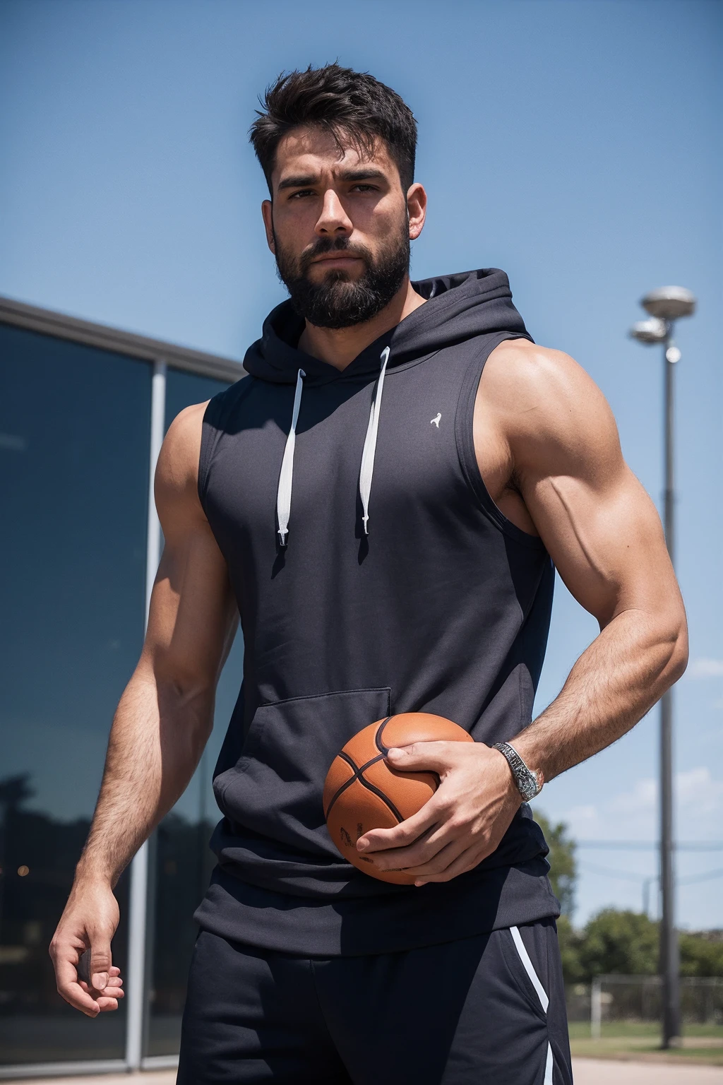 a man wearing Sleeveless hoodie and basketball shorts, vineyard <lora:fic-edgar:1>