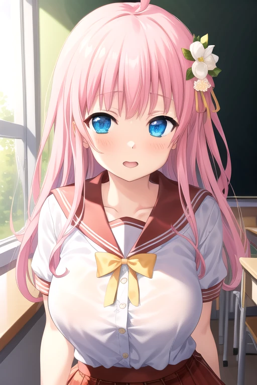 ((masterpiece)),(best quality),official art,extremely detailed CG,unity 8k wallpaper,ultra detailed,beautiful detailed eyes,extremely detailed face,classroom,1girl,solo,upper body,(portrait:1.5),looking at viewer,facing viewer,nanase momoka,ahoge,long hair,pink hair,hair flower,hair ornament,sidelocks,bangs,blue eyes,red sailor collar,plaid sailor collar,pink bow,yellow ribbon,white shirt,short sleeves,large breasts,red skirt,plaid skirt,frilled thighhighs,white thighhighs,loafers,<lora:Nanase Momoka(ip2):0.9>,
