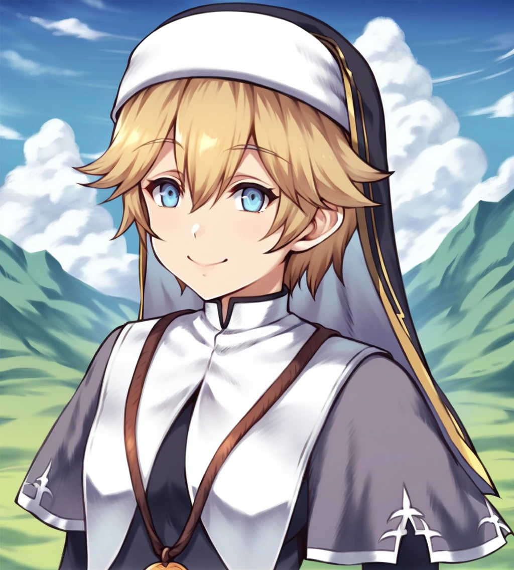 score_9, score_8_up, score_7_up, score_6_up, score_5_up, score_4_up, source_anime, rating_safe
BREAK,
<lora:TrailsOfColdSteel-ThorsNPCs-3-000015:0.8>, Rosine, blonde hair, short hair, blue eyes, small breasts, nun outfit, habit, necklace,
BREAK,
looking at viewer, smile,
upper body, portrait, front view,
BREAK,
1girl, outdoors, sky, clouds, distant mountains,
BREAK,
<lora:Ryoji Ohara:1>,