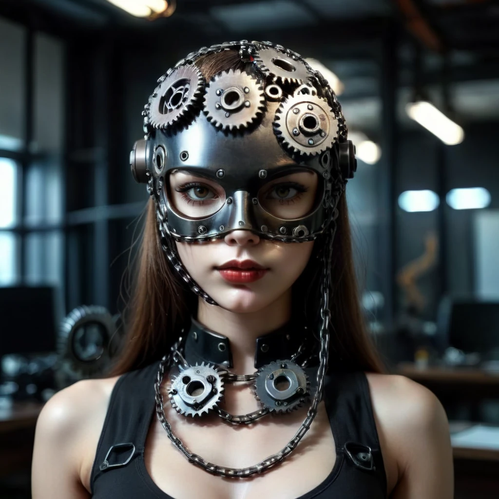 a teenage fashion model wearing an exo-skeleton mask, vibrant colors, futuristic cyberpunk style, intricate details, cinematic lighting, dramatic pose, sharp focus, hyper realistic, 8k, masterpiece