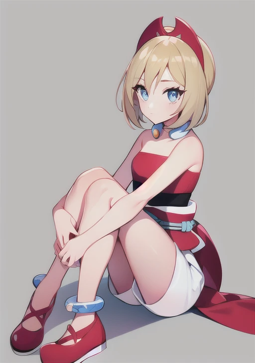 <lora:Irida:0.6>, irida, 1girl, solo, looking at viewer, bangs, blue eyes, blonde hair, shirt, white background, jewelry, sitting, closed mouth, full body, hairband, shoes, shorts, medium hair, collar, bracelet, grey eyes, sash, eyelashes, strapless, red footwear, red shirt, white shorts, anklet, red hairband, neck ring, waist cape, knees, strapless shirt