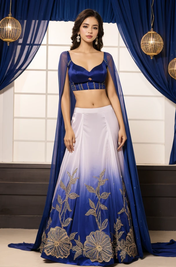 full body photo, adult woman, (brown hair:1.3) smile, sexy, l3h3ng4_1, purple satin organza ombre long lehenga with floral embroidery using sequins, padded cape sleeve blouse, <lora:l3h3ng4_1-12:0.6>, nighttime, under a starry sky background