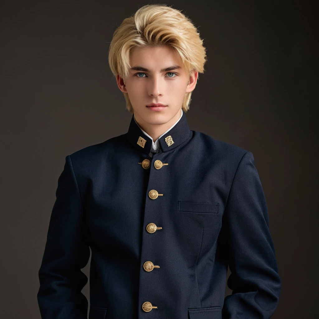 Create a portrait in a realistic style of a striking blond, blue-eyed young man exuding charm, dressed in a traditional Japanese junior high school uniform from the early years. His outfit includes the classic Gakuran jacket with its distinctive stand-up collar and five metal buttons, complemented by straight-legged trousers. He stands out with his additional accessories: sleek black gloves, an elegant cape draped over his shoulders, and a stylish hat perched atop his head. The setting is a cozy café, with the ambiance of soft lighting and steaming cups, adding a modern twist to his traditional attire,<lora:gakuran:0.8>
