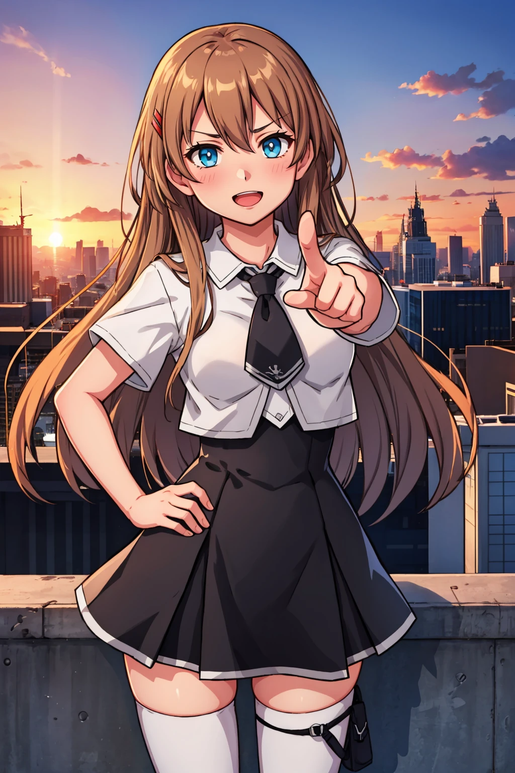 masterpiece, best quality,  <lora:hiiragiasuka-nvwls-v1-000009:0.9> hiiragi asuka, hairpin, white shirt, collared shirt, short sleeves, black necktie, black skirt, white thighhighs, furrowed brow, :D, looking at viewer, pointing at viewer, standing, sunset, cityscape