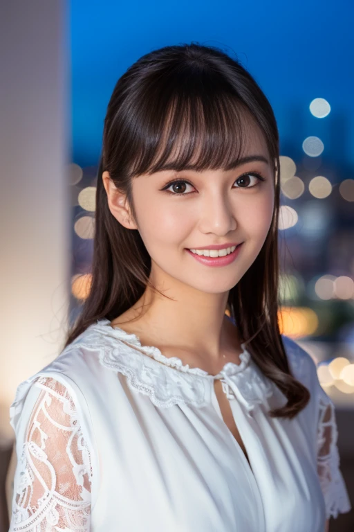 1girl, (lace tops:1.6),(RAW photo, best quality), (realistic, photo-realistic:1.4), (ultra detailed:1.8),masterpiece, an extremely delicate and beautiful, extremely detailed, 2k wallpaper, Amazing, finely detail, extremely detailed CG unity 8k wallpaper, ultra-detailed, highres, soft light, beautiful detailed girl, extremely detailed eyes and face, beautiful detailed nose, beautiful detailed eyes,(professional lighting:1.6),(night, city view:2.0),perfect anatomy,(slender body:1.8),(close up:1.8),(light smile,cheerful,friendly, warm:1.8),(looking at viewer:1.8),(young japanese:1.8),(wavy hair:1.6), (brown eyes:1.8),(sranding:2.0), (blurry,bokeh background:1.6), <lora:mukairibu_lora-10:0.8>