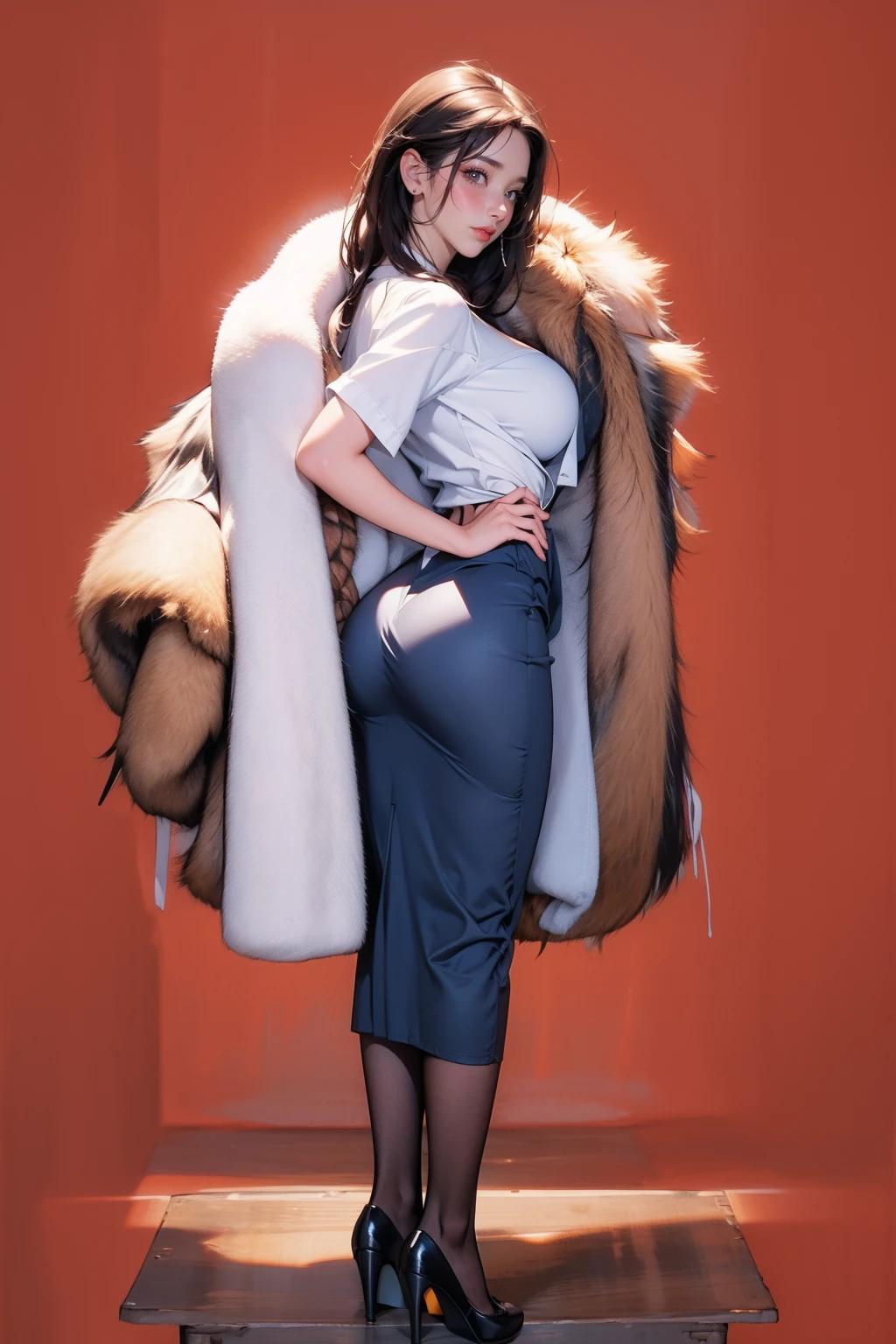 1girl,solo,medium breasts,outdoors,<lora:GoodHands-beta2:1>,(red background),(from behind:1.1),(full body:1.2),(white shirt:1.1),(pencil skirt:1.1),<lora:0241 brown fur coat_v1:0.9>,ruanyi0241,fur coat,, (masterpiece, best quality, hires, high resolution:1.2), (extremely detailed, realistic, intricate details, highres), 3d, cg,  bbw, shiny skin, , blush,, eyeliner, eyeshadow, eyelashes,, (gigantic breasts, saggy breasts:1.1), (cinematic lighting, sunlight, volumetric), looking at viewer, , vintage fantasy, 1960s \(style\), film grain,