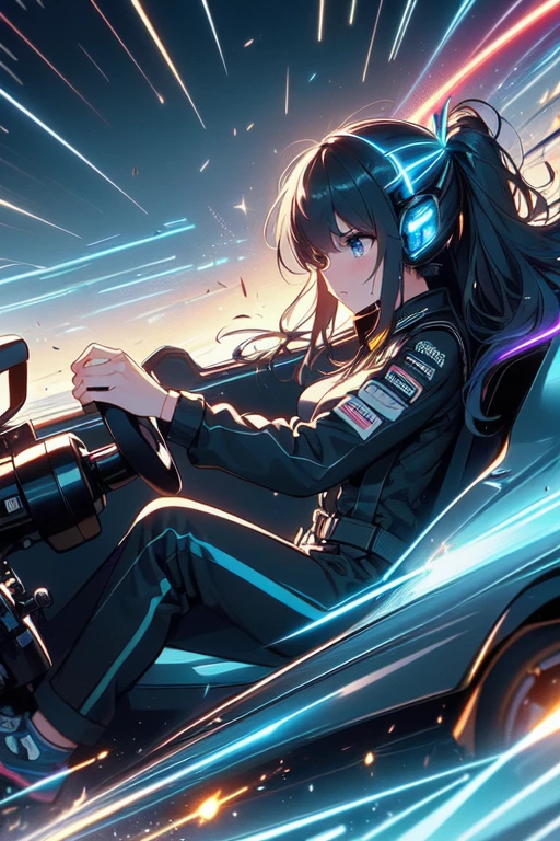 (((masterpiece))), (((best quality))), (((from side))), (((driving a formula racing))), ((fingers on (steering wheel))), sitting on cockpit, sharp eyes, helmet, ((black jacket)), (((blue uniform)), ((speed lines)), ((electric current)), ((spiral wind)), ((neon lights)), ((dust)), ((spark)), ((shards)), 1girl, big tits, black longhair, sweat, slim figure, big turn,<lora:girllikeformularacing_v20:1>