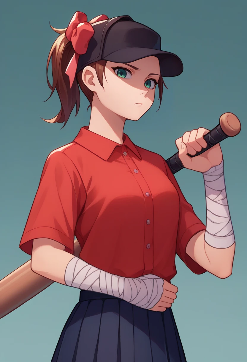 score_9, score_8_up, score_7_up, source_anime, solo, 1girl, femscout, expressionless, looking at viewer, holding baseball bat, ponytail, baseball cap, hat bow, red bow, red shirt, skirt, bandaged arm <lora:tf2_femscout_ponyXL:1>