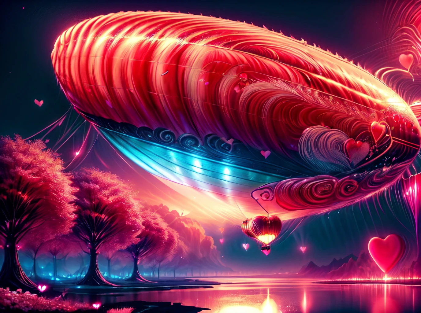 LunarValentineStyle, <lora:LunarValentineStyle:1>photo of  zeppelin,heart,no humans,epic,neon lights,petals,hearts <lora:more_details:0.8> <lora:add_detail:0.8> <lora:colorfix:0.8>,backround is beautiful dawn scenery