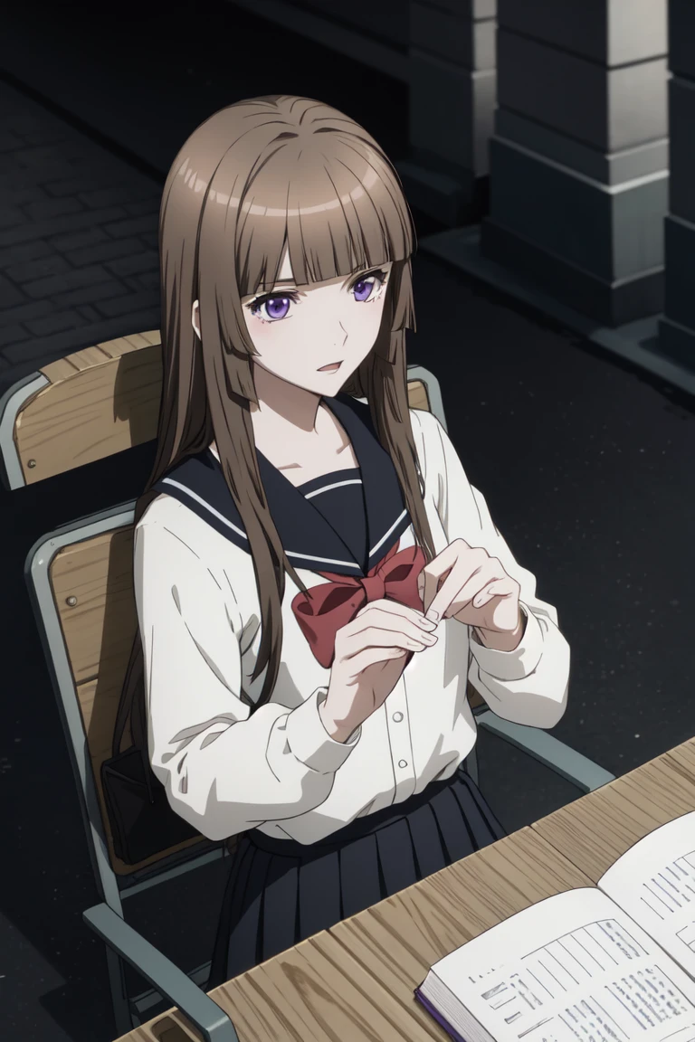 masterpiece, best quality, absurdres, Fuwa Aika <lora:Fuwa_Aika:0.8>, (brown hair, purple eyes), hime cut,  bow, striped necktie, school uniform, pleated skirt, BREAK nice hands, perfect hands, beaufitul hand, beautiful finger, outdoors, 
BREAK (perfect anatomy), (realistic lighting:0.6), [Cinematic lighting|Volumetric Lighting], from above,