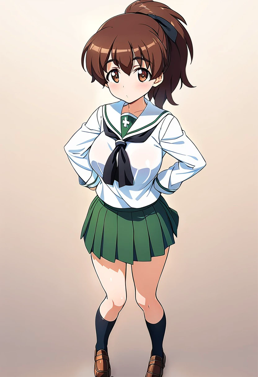 1girl, solo, koyama yuzu, girls und panzer, school uniform, green skirt, white shirt, black neckerchief, socks, loafers
standing, simple background, white background
masterpiece, best quality
<lora:Ani_koyamayuzu_1t:0.7>