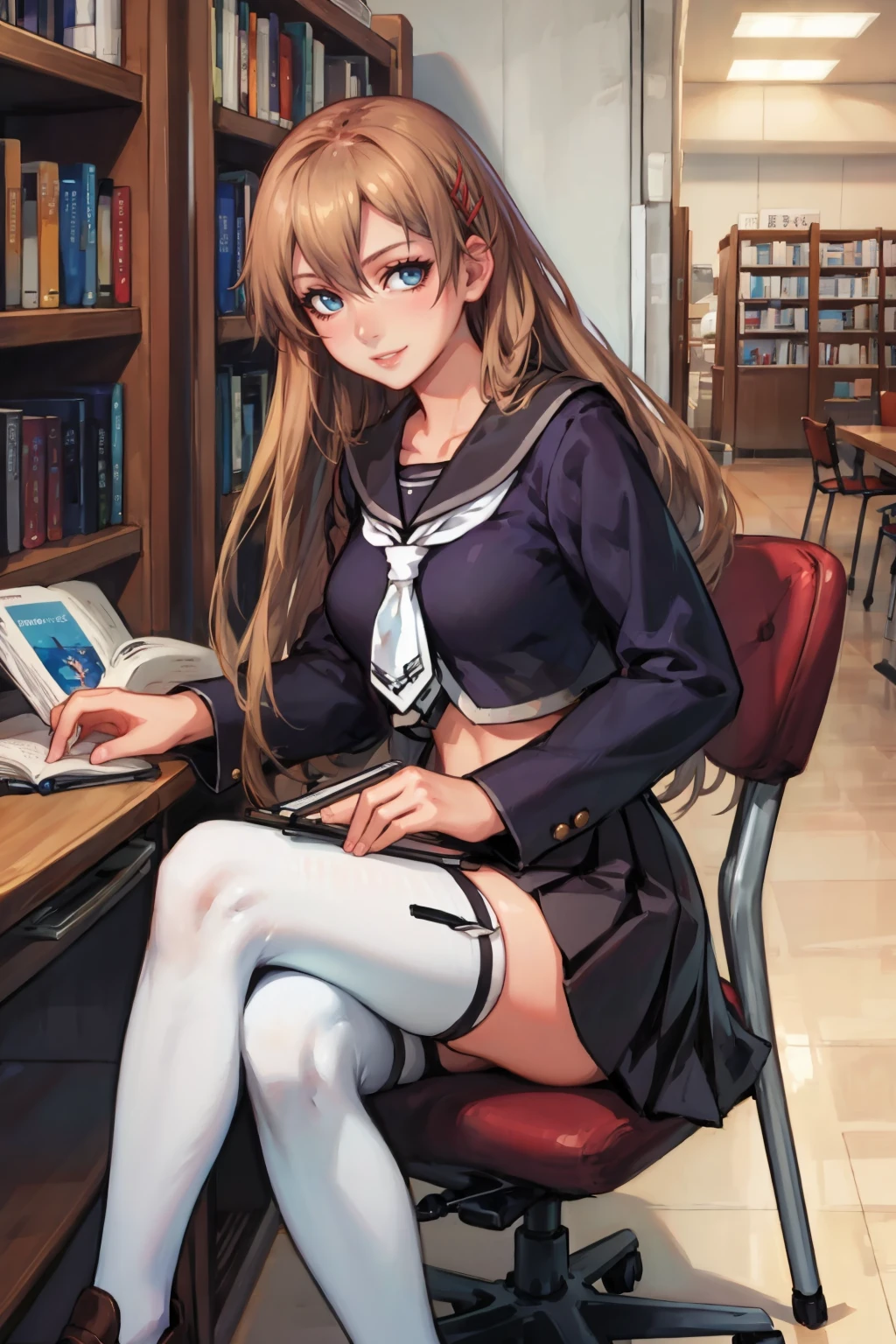 masterpiece, best quality,  <lora:hiiragiasuka-nvwls-v1-000009:0.9> hiiragi asuka, hairpin, black serafuku, black skirt, white thighhighs, loafers, desk, chair, looking at viewer, library, smile, sitting