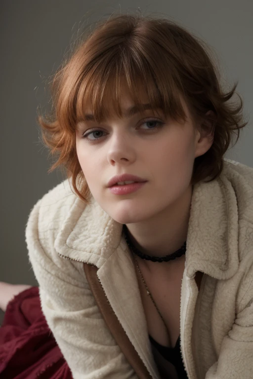 4my4, from front, lips apart, looking at viewer, short hair, simple background, red hair, fur-lined jacket, dress, messy hair, bangs, lying, on front, <lora:4my4-08_0.0565:1.0>, epiCPhoto