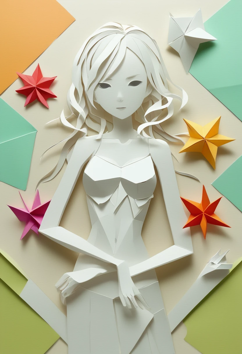 origami style 1girl, cute, beautiful, skinny, fit, asian, 20 years old,  [very long hair|black hairl], messy hair, pale skin , medium breast . paper art, pleated paper, folded, origami art, pleats, cut and fold, centered composition