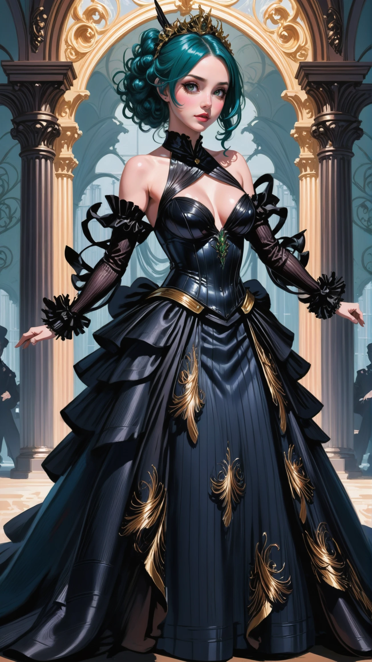 1girl, woman, warpriest, (armor:1.3), bombshell hair, aqua hair with green highlights, Pin Curls, slim, atheletic figure, narrow waist, small breasts, japanese, victorian ballroom dress, blush, naughty smile, mouth closed, Deimos Orbit Viewpoint<lora:EnvyBetterHiresFixXL01:0@0,0@.49,1@.5:hr=1><lora:EnvyBallroomDressXL02:1>