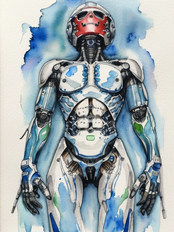 (robotic:0.6) (injection), crawling under skin, watercolor, wet background