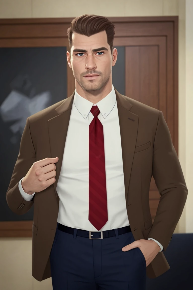 (1 image only),  solo male,  bara,  Chase Devineaux,  French,  detective,  brown hair,  short hair,  hair slicked back,  brown eyes,  sideburns,  facial hair,  broad stubble,  white collared shirt,  striped brown/red necktie,  pure brown suit jacket,  pants,  mature,  handsome,  charming,  alluring,  standing,  upper body,  perfect anatomy,  perfect proportions,  (best quality,  masterpiece),  high_resolution,  photorealistic,  hyperrealistic,  madly detailed photo,  hyper-realistic lifelike texture,  picture-perfect face,  (realistic eyes,  perfect eyes,  perfect eye pupil),  perfect hands,  dutch angle,<lora:EMS-294140-EMS:0.600000>