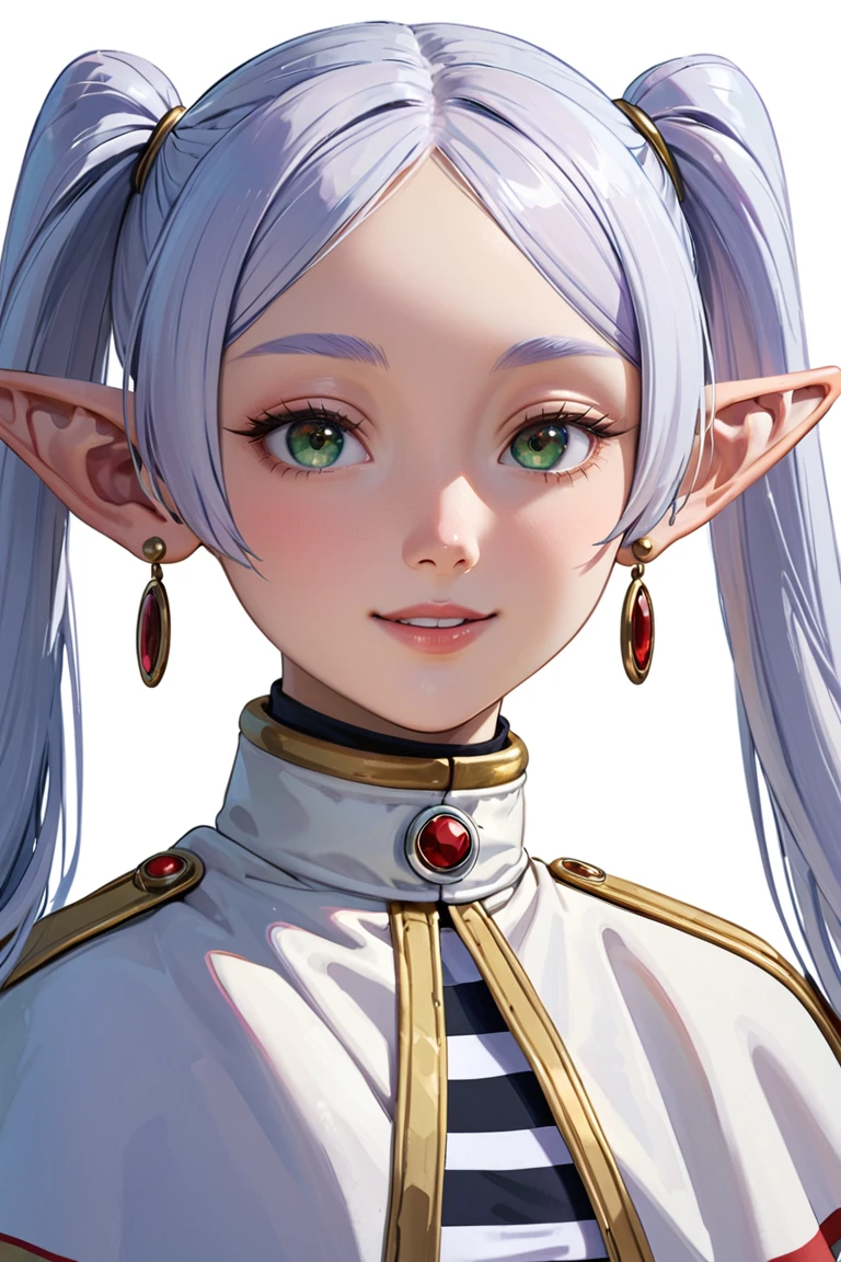 frieren, 1girl, solo, upper body, earrings, jewelry, twintails, white background, white capelet, simple background, striped shirt, parted lips, smile, bangs, white hair, green eyes<lora:frieren_xl:0.9>