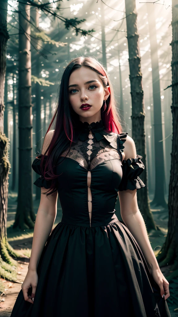 (masterpiece drawning, high quality), (solo:1.1), raw photo, a digital art of a girl, hight detailed gothic dress, (red/white/black), mistery forest, Extreme detail, morbid, (vibrant color), (sharp), exposure blend, bokeh, (hdr:1.4), high contrast, (muted colors, dim colors, soothing tones:1.3), low saturation, morbid