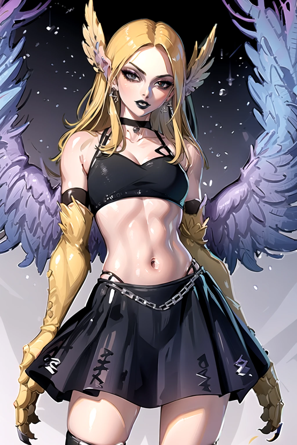 <lora:GothicCv2:0.75>, GothicC, makeup, black lipstick, eyeshadow, nail polish, skirt, crop top, gloves, choker, <lora:HarpyG-17:0.7>, HarpyG, winged arms, bird legs, talons, best quality, masterpiece, highres