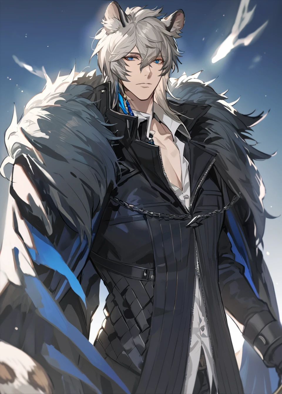 <lora:SilverAsh:1>,This image portrays a male animated character with striking features. He has long,wavy grey hair that flows down his back,and he sports a pair of animal ears,giving him a unique and mystical appearance. He's donning a dark jacket with a fur trim,and a white shirt underneath. The character's eyes are a captivating shade of blue,and he seems to be gazing into the distance. The background is ethereal,with a blend of dark and light hues,, masterpiece, best quality,
