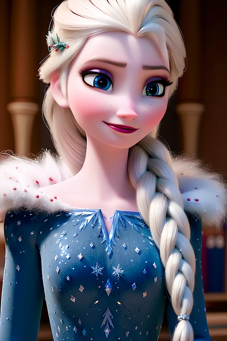 elsa \(frozen\) in the corridor of the library, looking at viewer,smirking,Elsa's Winter Dress,upper body,single braid, worm light,<lora:Frozen_elsa_V1_9clothes:1>,upper body,   incredibly absurdres,ultra-detailed, wallpaper,realistic,photorealistic,raw photo,masterpiece,best quality,