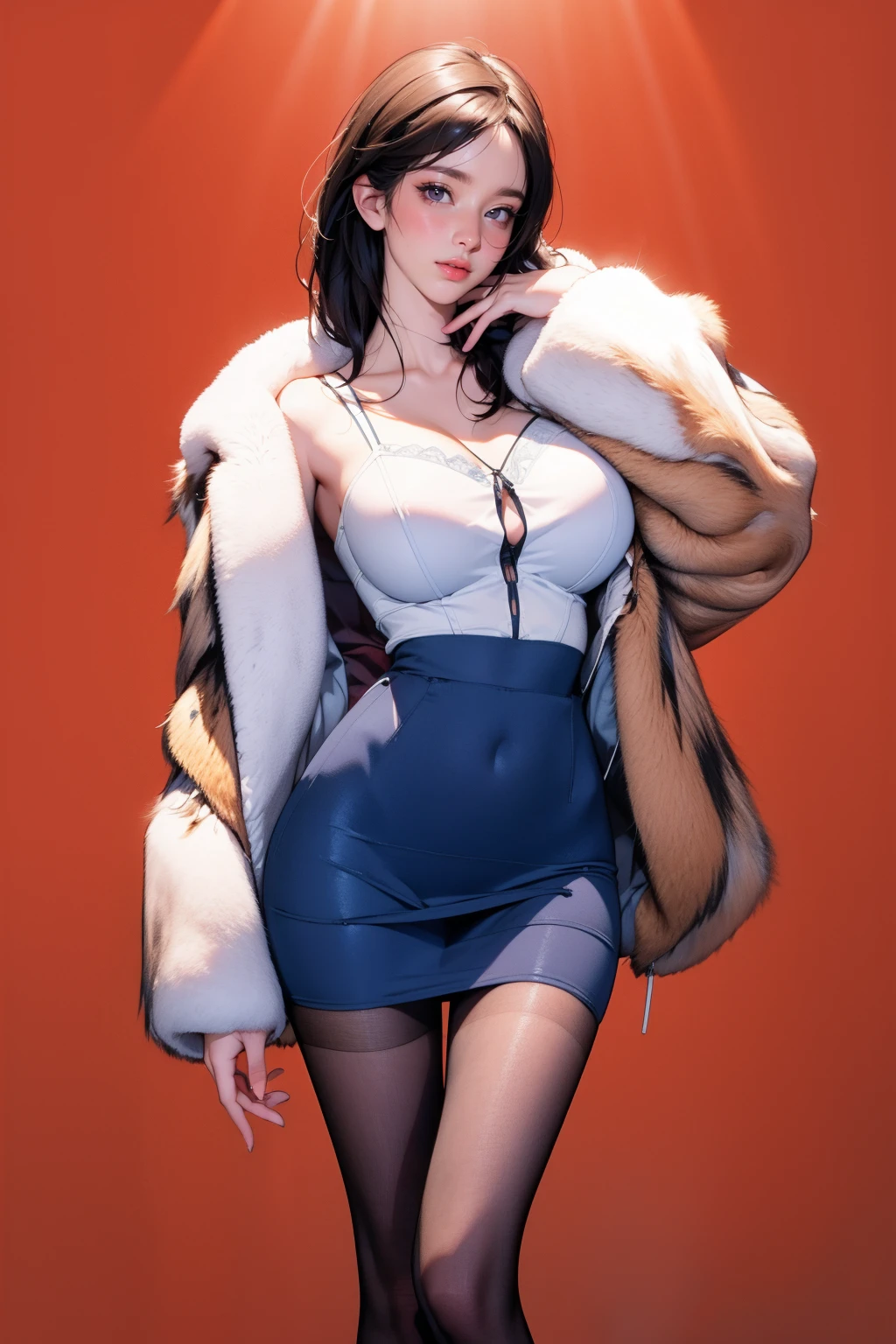 1girl,solo,medium breasts,outdoors,<lora:GoodHands-beta2:1>,(thigh gap:1.2),(red background),(full body:1.2),(white shirt:1.1),(pencil skirt:1.1),<lora:0241 brown fur coat_v1:0.9>,ruanyi0241,fur coat,, (masterpiece, best quality, hires, high resolution:1.2), (extremely detailed, realistic, intricate details, highres), 3d, cg,  bbw, shiny skin, , blush,, eyeliner, eyeshadow, eyelashes,, (gigantic breasts, saggy breasts:1.1), (cinematic lighting, sunlight, volumetric), looking at viewer, , vintage fantasy, 1960s \(style\), film grain,