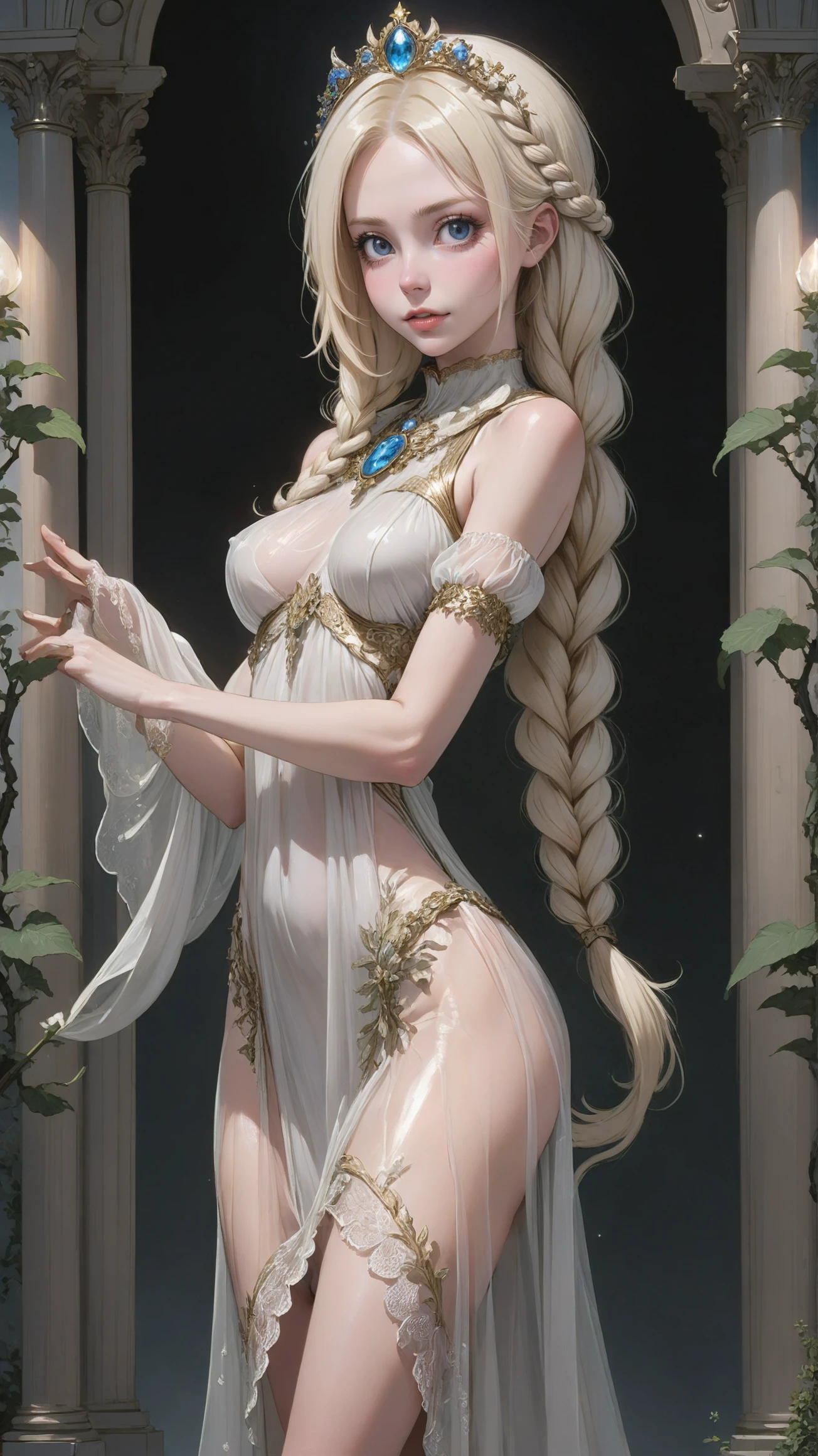 1girl, woman, (emerging Cozy Childhood Hideaway:1.3) catgirl, full body, [:formal costume design,:0.2], bombshell hair, radiant color:firebrick hair, twin braids, slim, atheletic figure, narrow waist, medium breasts, albino, ankle-length dress, blush, naughty smile, mouth closed, a whimsical,ghostly fantasy vertical arcology at the end of the multiverse, masterpiece<lora:EnvyBetterHiresFixXL01:0@0,0@.49,1@.5:hr=1><lora:EnvyLongDressXL01:1.5>