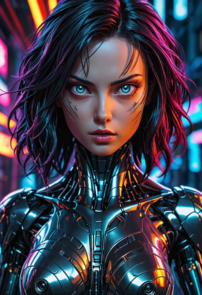cybernetic robot cybernetic robot breathtaking In this breathtaking world of Battle Angle at night, Alita comes to life in a stunning adaptation. Running towards the viewer, she commands attention, revealing every curve and line of her lean athletic form. Her charming and determined expression. The neon lights that bathe her in a warm glow. She maintains the same cool composure that made her such an iconic character. High contrast, vibrant colors, embedding:, extremely large detailed eyes. The overall effect is a stunning image that captures the style of Chris Cold and Jason Edmiston, . android, AI, machine, metal, wires, tech, futuristic, highly detailed,