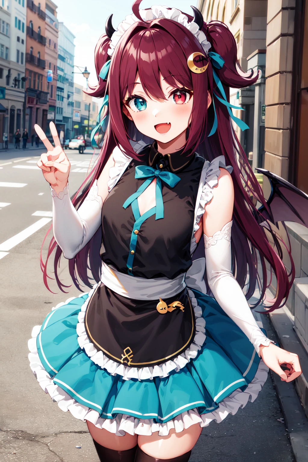 masterpiece, best quality, highres, aaroa, long hair, two side up, ahoge, maid headdress, hair ornament, horns, heterochromia, fang, wings, small breasts, maid, frills, black shirt, clothing cutout, sleeveless, detached sleeves, frilled skirt, blue skirt, apron, white thighhighs, <lora:yuzuki_roa_v1:0.7>, street, city, standing, smile, open mouth, peace sign