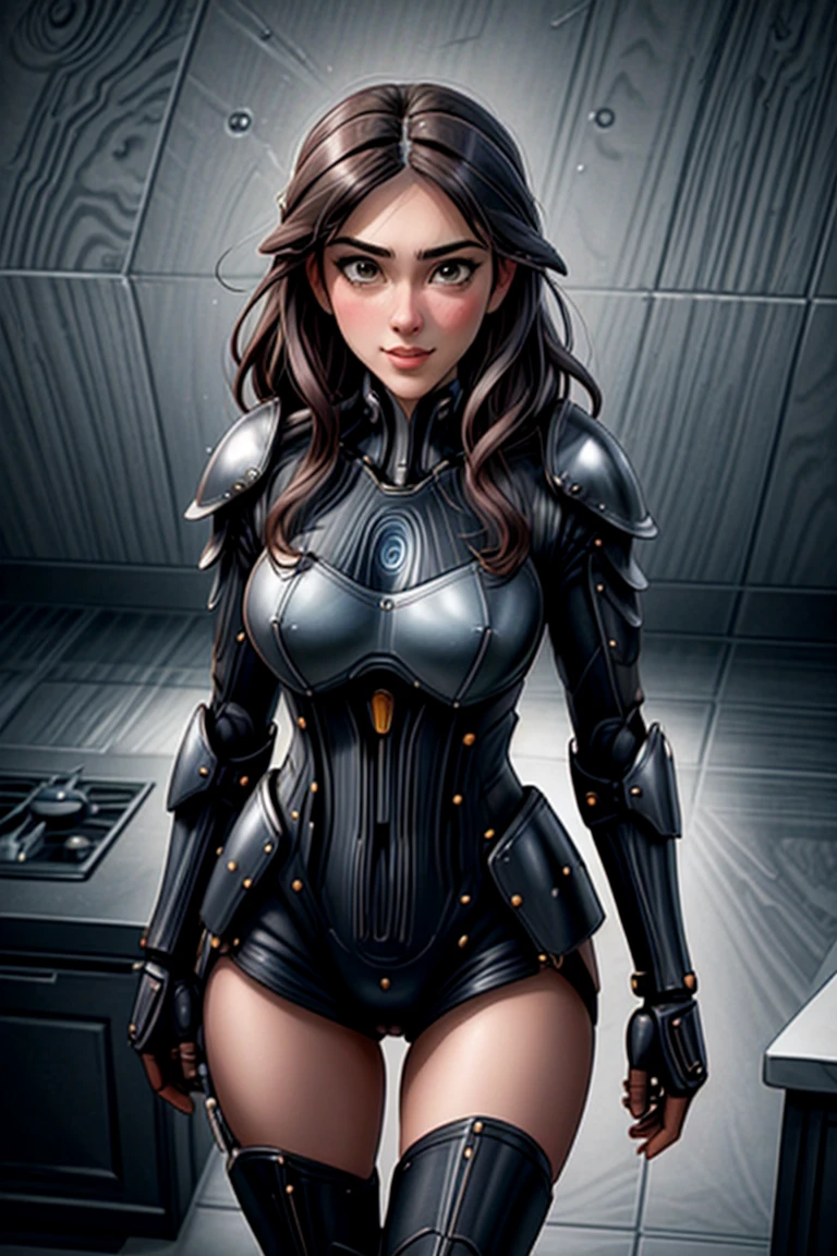 tv_Martina_Wilson_MXAI_V1, wearing N7-armor, standing,  happy expression, from above , in a modern kitchen