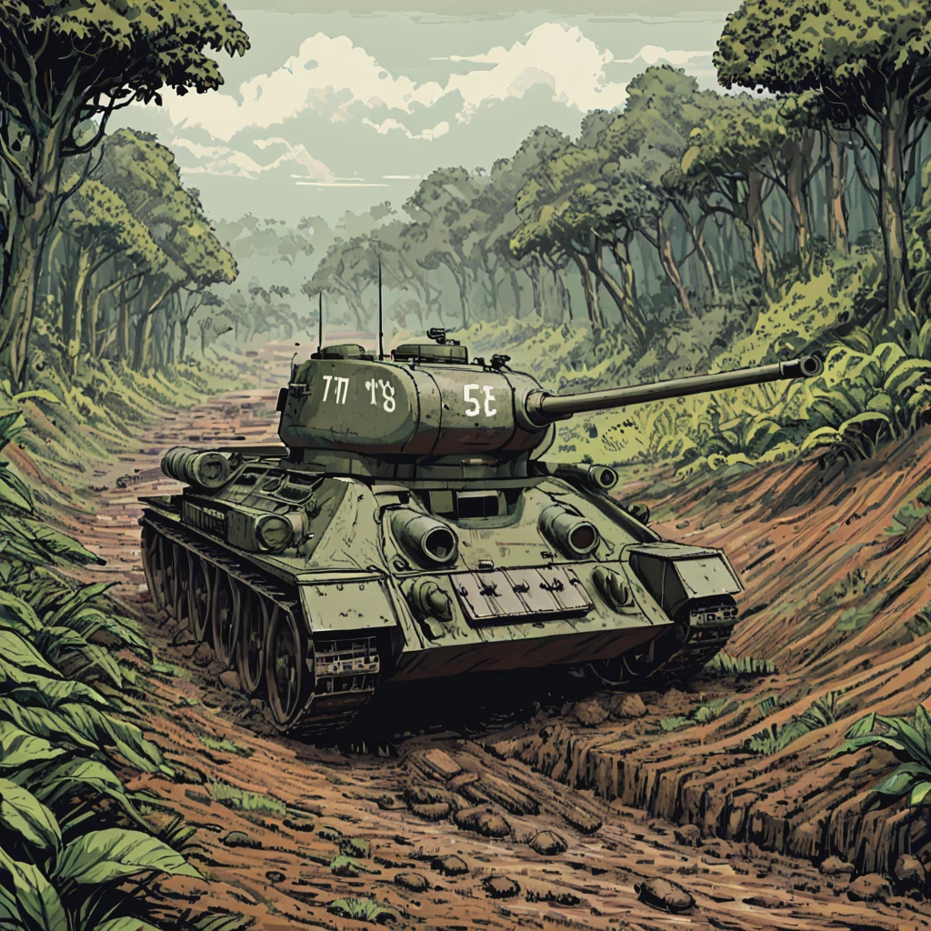 a t3485tnk tank is driving down a dirt road, explosions, smoke, burnt village, wreckage, ((pulp_comic, heavy_lines, hand_drawn, hand_inked, hand_colored, apxlz))