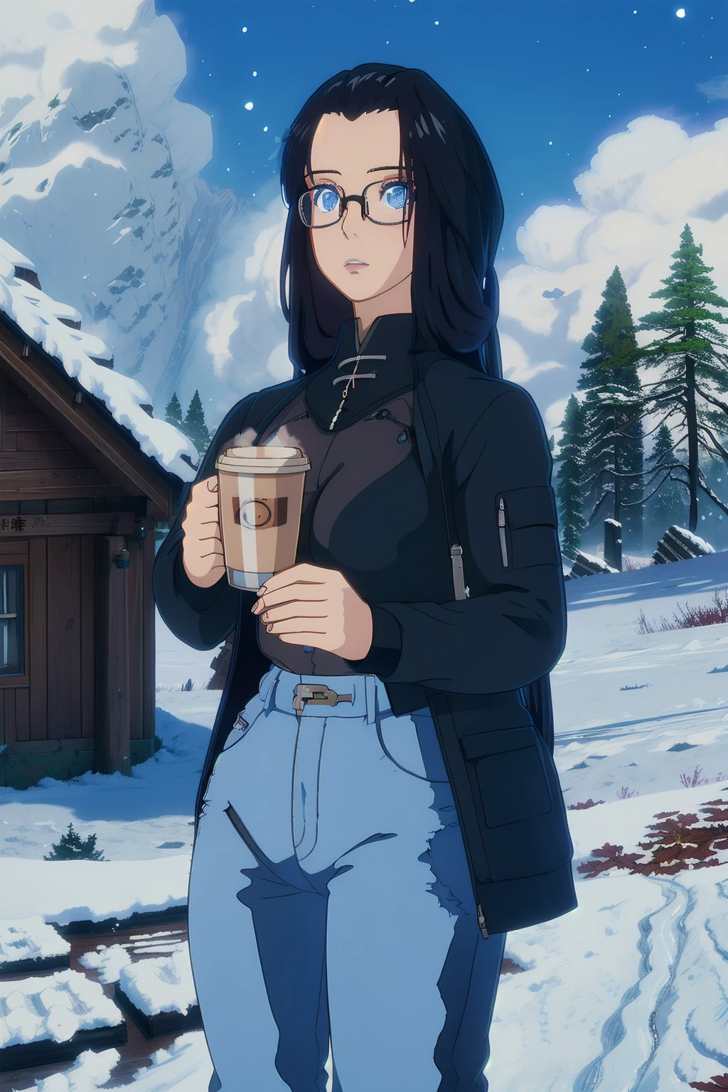 <lora:studioGhibliStyle_offset:1.0> <lora:nan_yin:0.8> masterpiece, best quality, absurdres, high quality, best quality, ultra high res, (film grain:1.2), 1girl, solo, nan yin \(tower of fantasy\), black hair, blue eyes, v-shaped eyes, (absurdly long hair:1.26), long hair, large breasts, (semi-rimless eyewear:1.2), black framed eyewear, black jacket, winter jacket, (jeans pants:1.2), outdoors, cozy atmosphere, wooden house, winter, snow, snowing, day, ((holding:1.2) coffee cup:1.2), steam,