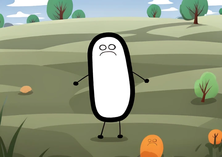 dswants, pill shape, sad face, cartoon character, stick and dot arms, on a grassy field <lora:Dogshitter_Wants:1>