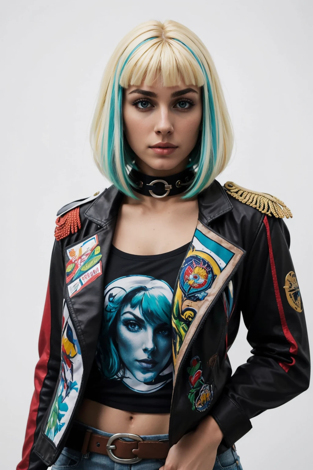 masterpiece, best quality,1girl, solo, breasts, looking at viewer, <lora:elar6-guy-v2:1>, elar6, lips, multicolored hair, blonde hair, streaked hair, bangs, choker, jacket, open jacket, leather jacket, black jacket, epaulettes, shirt, belt, jeans, torn jeans, simple background, white background, portrait,