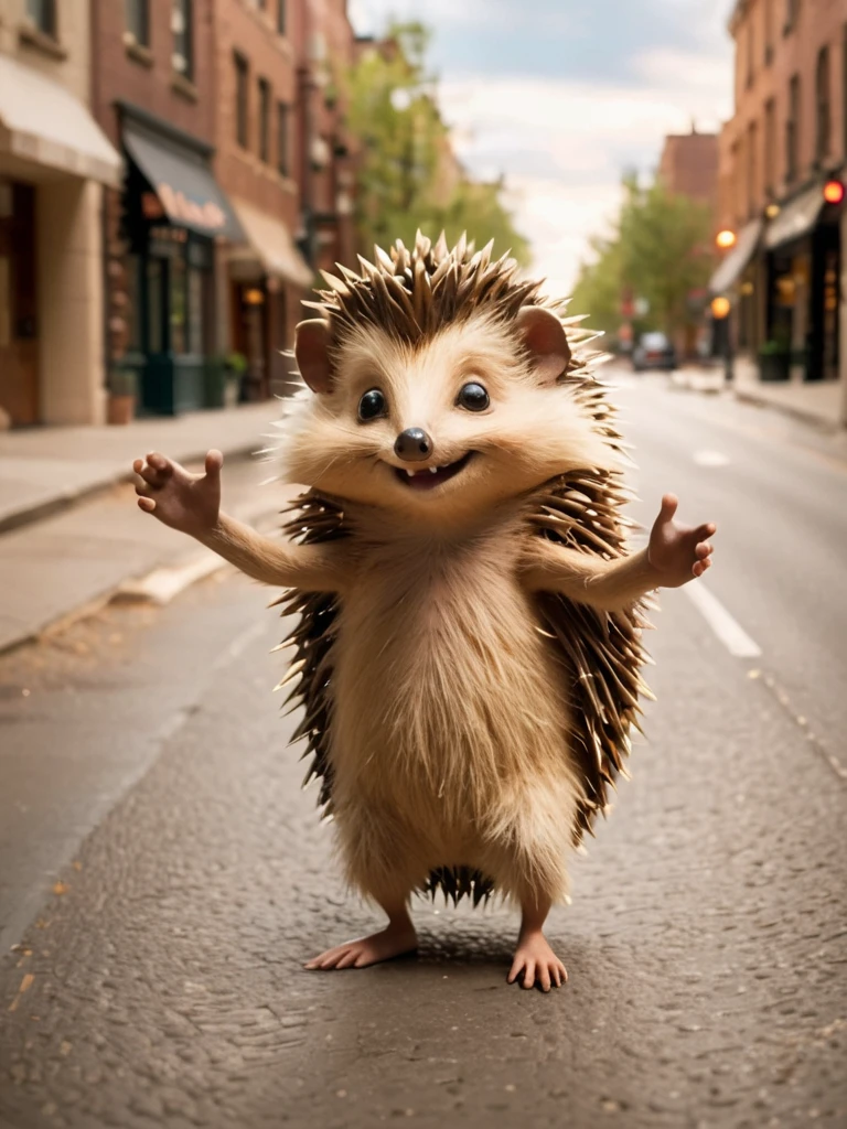 Incredibly adorable but very spiky hedgehog standing on a deserted street with his arms wide open for a hug. Hedgehog has a cardboard sign hanging on his chest. The cardboard has a writing on it that says: "Free hugs".