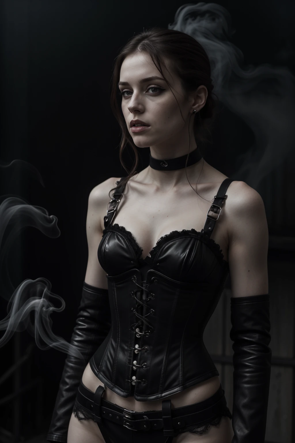 pale skinned woman wearing black leather corset, atmospheric, cinematic, high detail, masterpiece, smoke <lora:G0thG1rl_sd15_style:0.6> g0thg1rl