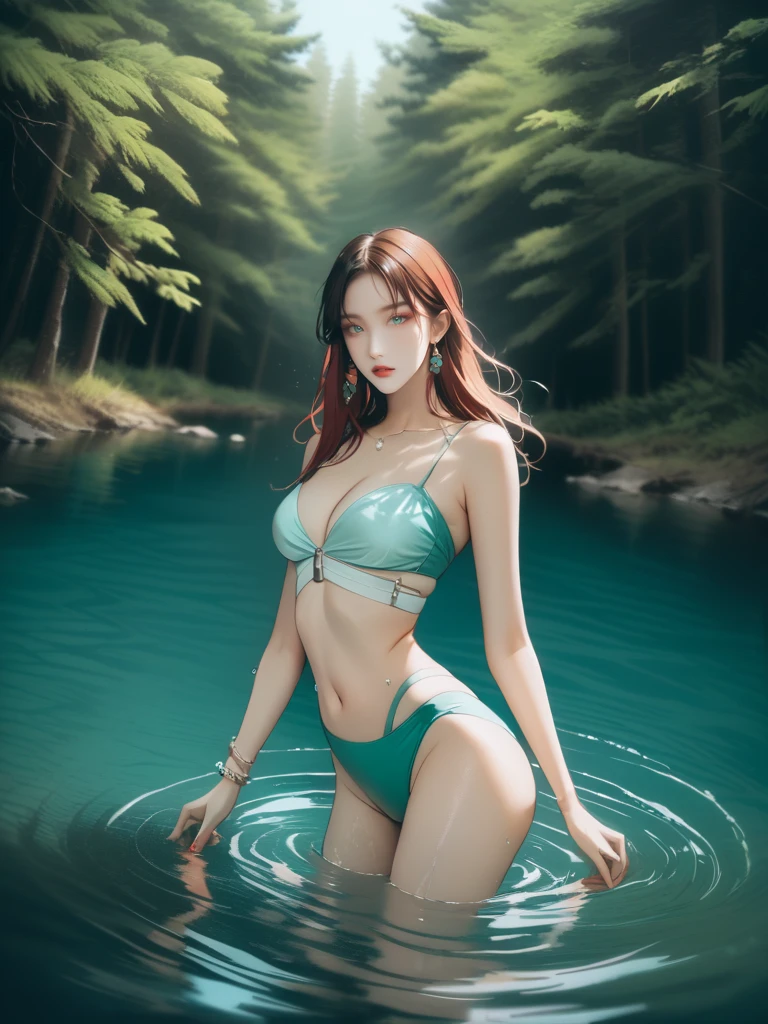 35mm, fujifilm 400H pro, forest lake, swimming in water, hot female, vogue, cinematic colour grading, 4k, by alez katz