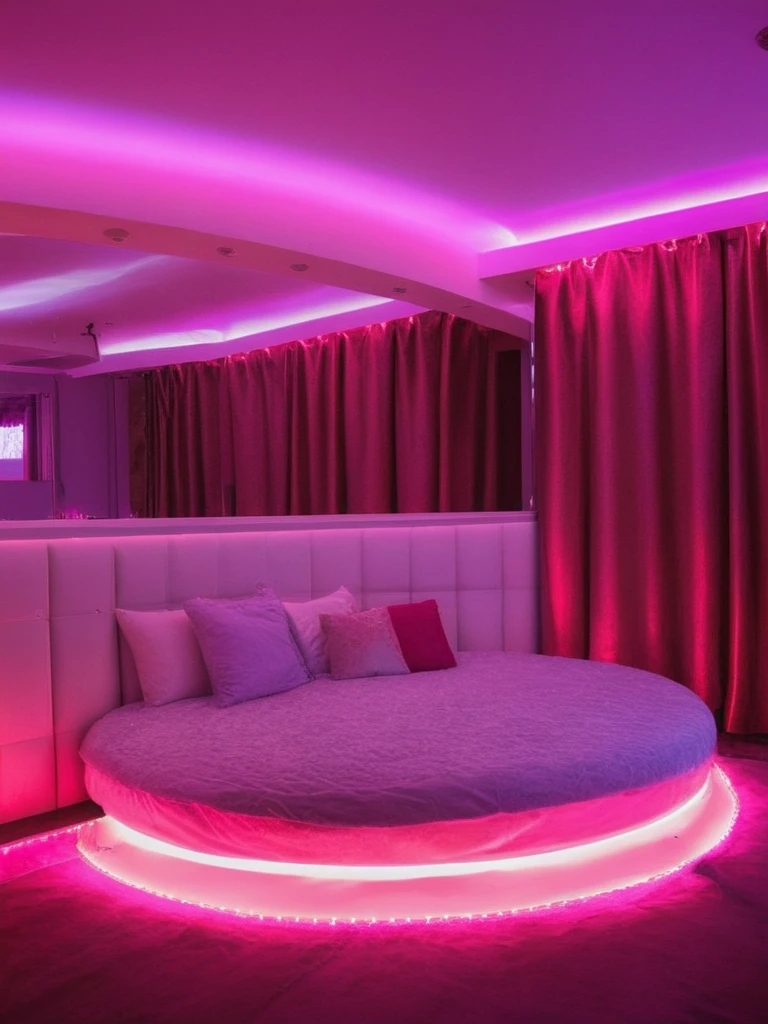 <lora:JJsLoveHotel_XL:1>, ((Love Hotel)) ,realistic, best quality, masterpiece , ((soft lighting)), heart, silk, reflection,night, mirror, window, curtains, ((a romantic scene))  ,RAW photo, (high detailed), dslr, high quality, (ultra realistic), Fujifilm XT3, ceiling light, dramatic lighting,shape of heart, neon light,bed, lightbulb, curvy ceiling, transparent curtain,  pink light, circular bed, kiss,