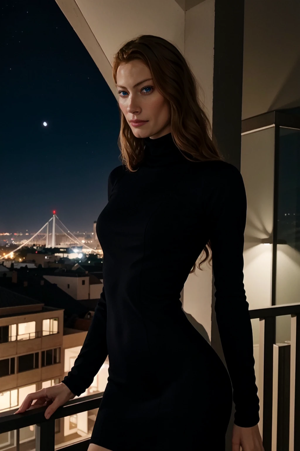 <lora:mondongo_LoRA_AlyssaSutherland:1> mndngwmn, wearing a turtleneck bodycon dress, on a balcony at night with city on background, (ultra realistic, 8k,high quality)